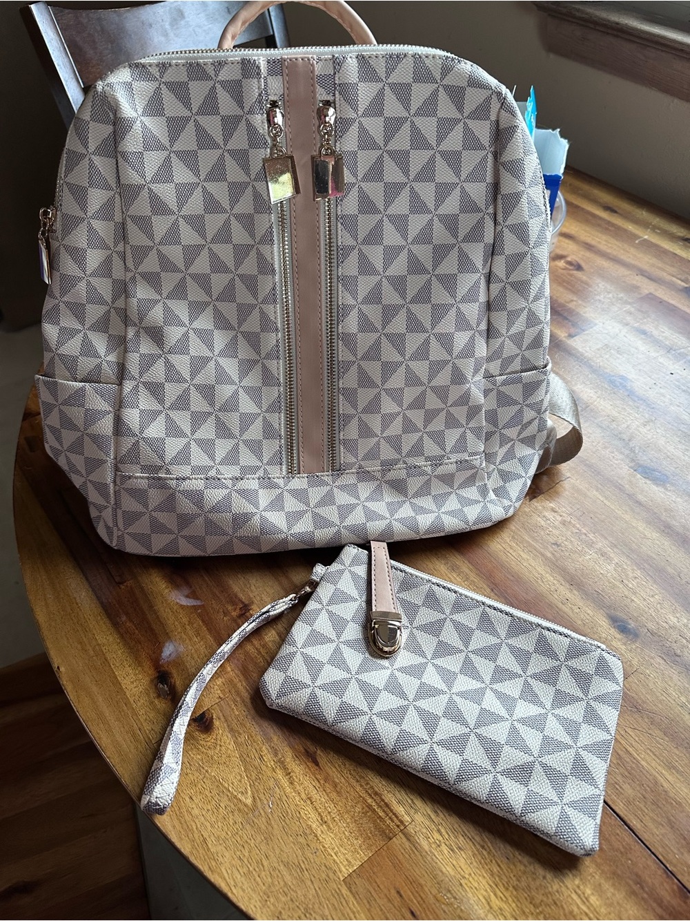 Amazon Beige Geometric Backpack and Wristlet Set